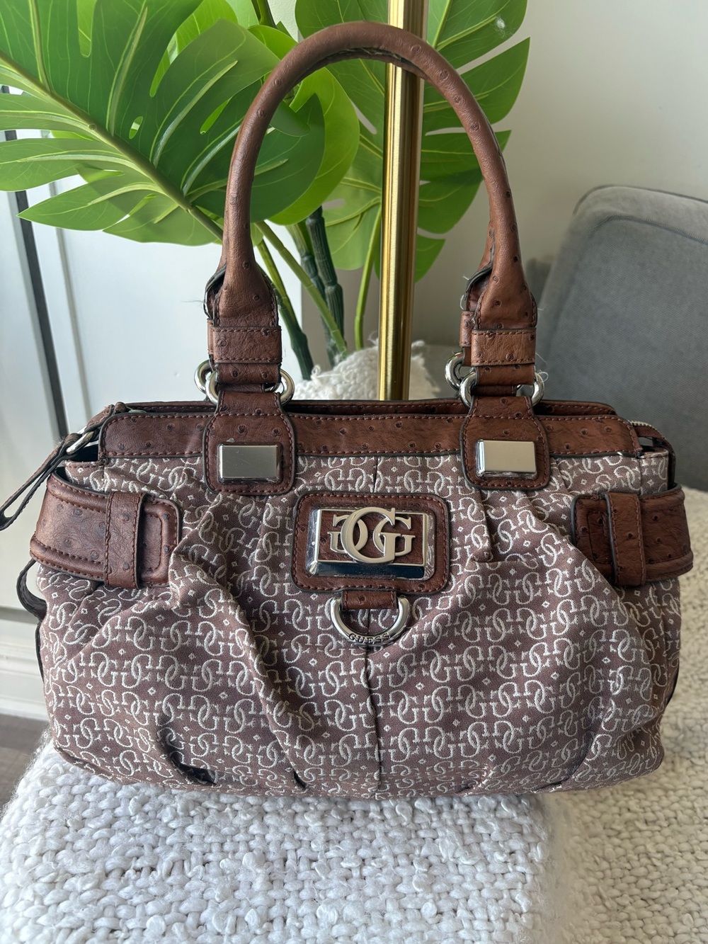 Vintage Y2K Guess Brown Monogram Faux Ostrich Satchel Shoulder Bag McBling Purse